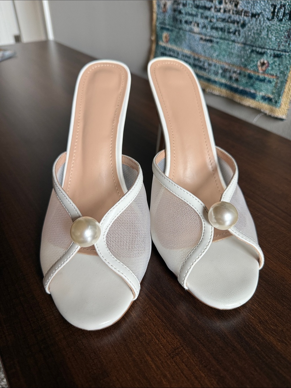Women’s White Pearl-Accent Slide Heels